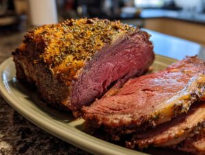 A juicy and tender slice of prime rib roast, seasoned with herbs and spices, on a serving platter.