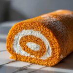 Close-up of a delicious pumpkin roll, showcasing its bright orange cake and creamy white swirl filling, dusted with powdered sugar.