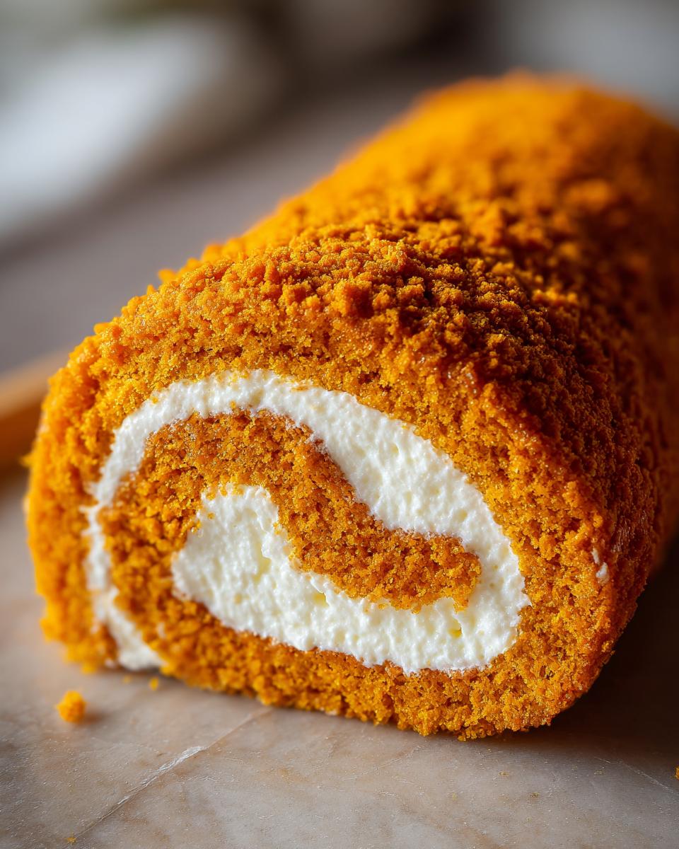 Close-up of a perfect pumpkin roll cake with a swirl of white cream filling and a textured orange exterior.