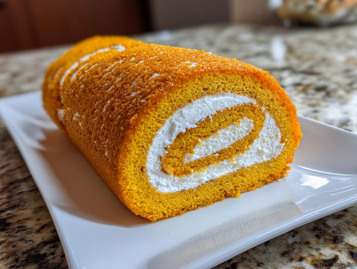 A close-up of a perfect pumpkin roll, showcasing its vibrant orange cake and creamy white filling, dusted with sugar.
