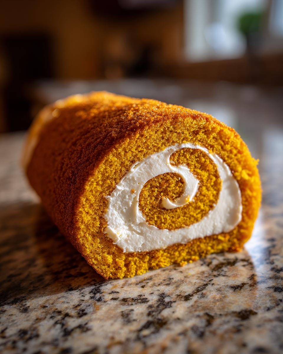 A close-up of a perfect pumpkin roll, showcasing its vibrant orange cake and creamy white filling swirled inside.