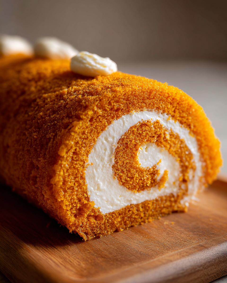 A close-up of a perfect pumpkin roll, showcasing the vibrant orange cake and creamy white filling, topped with dollops of cream.