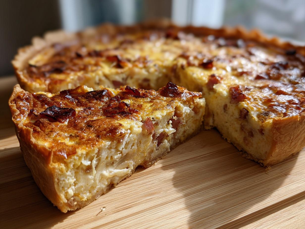 A close-up of a slice of Perfect Quiche Lorraine, showcasing its flaky crust, creamy custard, and savory bacon.