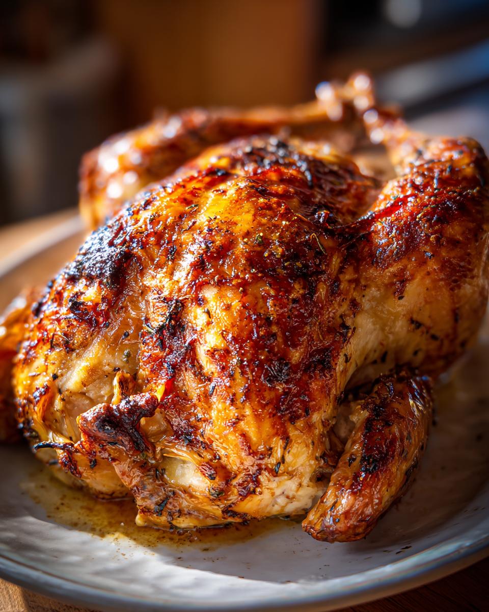 A close-up of a perfectly roasted turkey with golden-brown, crispy skin, seasoned with herbs.
