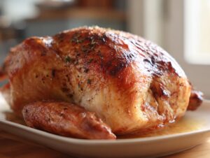 A perfectly roasted turkey, golden brown and glistening with juices, seasoned with herbs.
