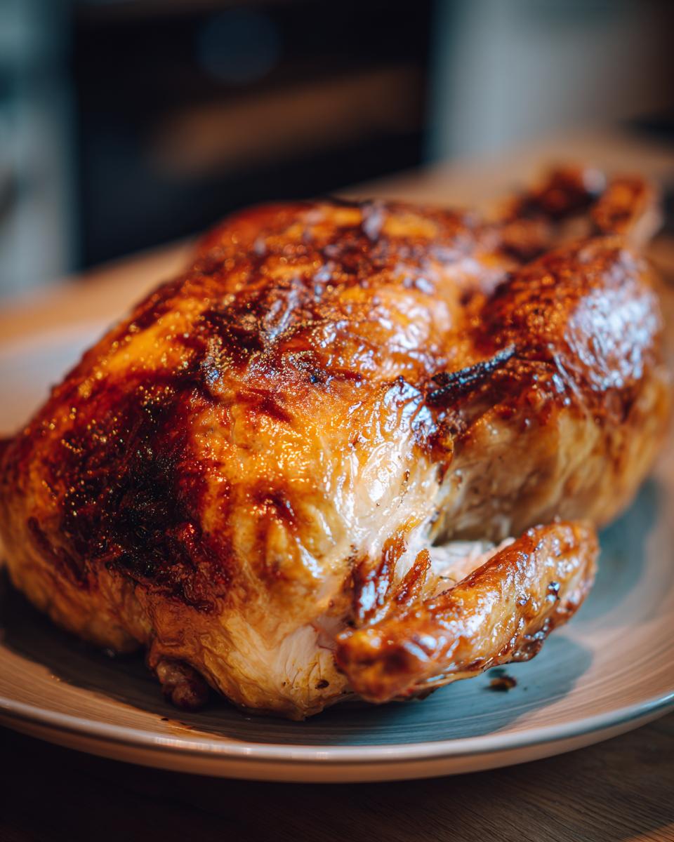 A perfectly roasted turkey, golden brown and glistening, served on a plate.