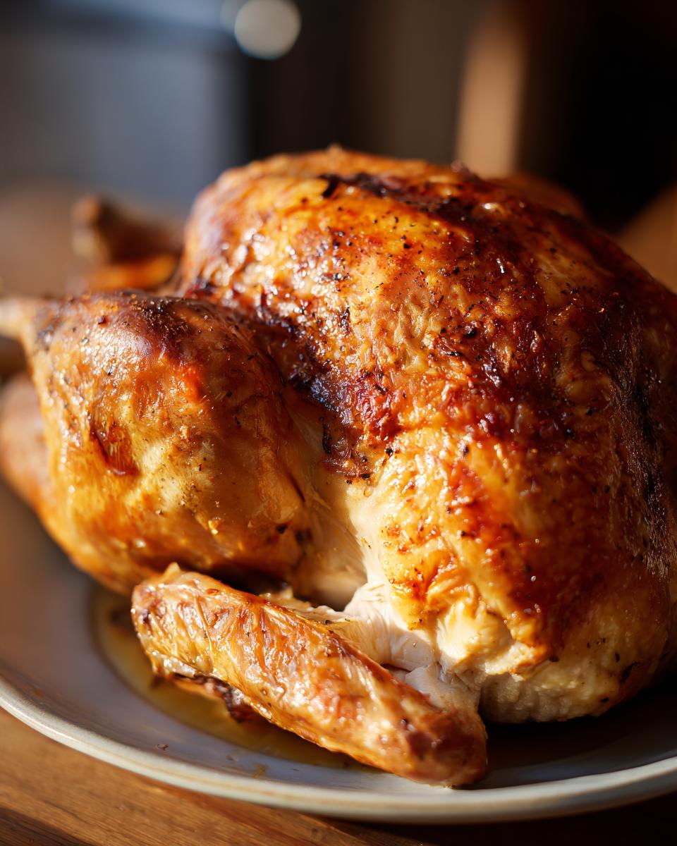 A perfectly cooked, golden-brown roast turkey presented on a plate, ready to be carved.