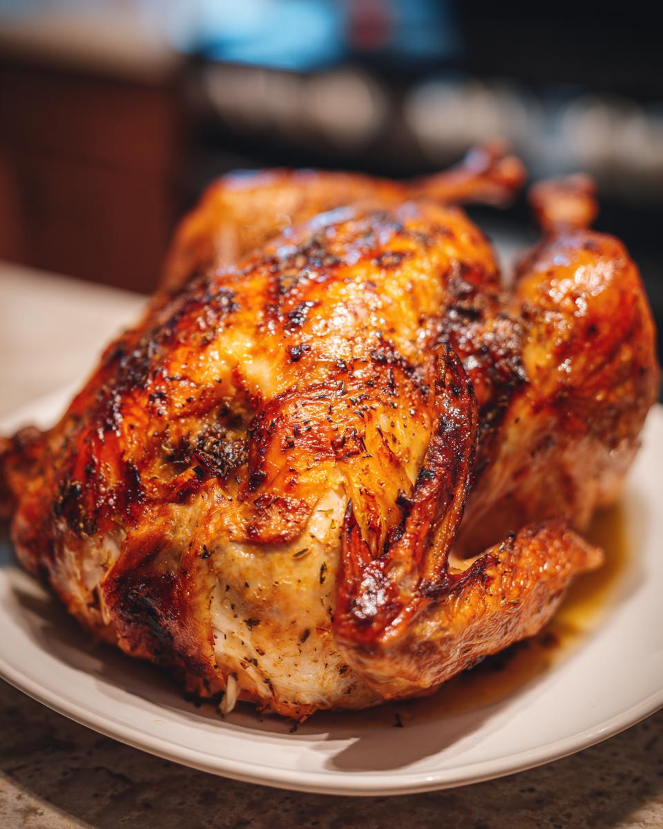 A perfectly roasted turkey, golden brown and glistening, resting on a white plate.