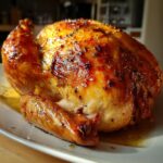 A perfectly roasted turkey with golden-brown, glistening skin seasoned with herbs.