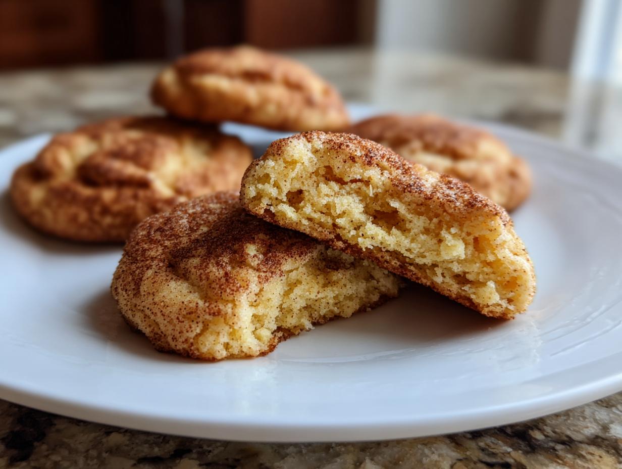 A close-up of a perfect snickerdoodle cookie, split in half to show its chewy interior, dusted with cinnamon sugar.