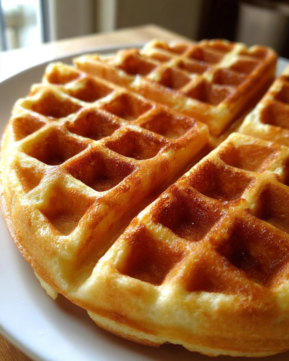 Close-up of golden brown, crispy and fluffy waffles on a white plate, ready to be enjoyed.