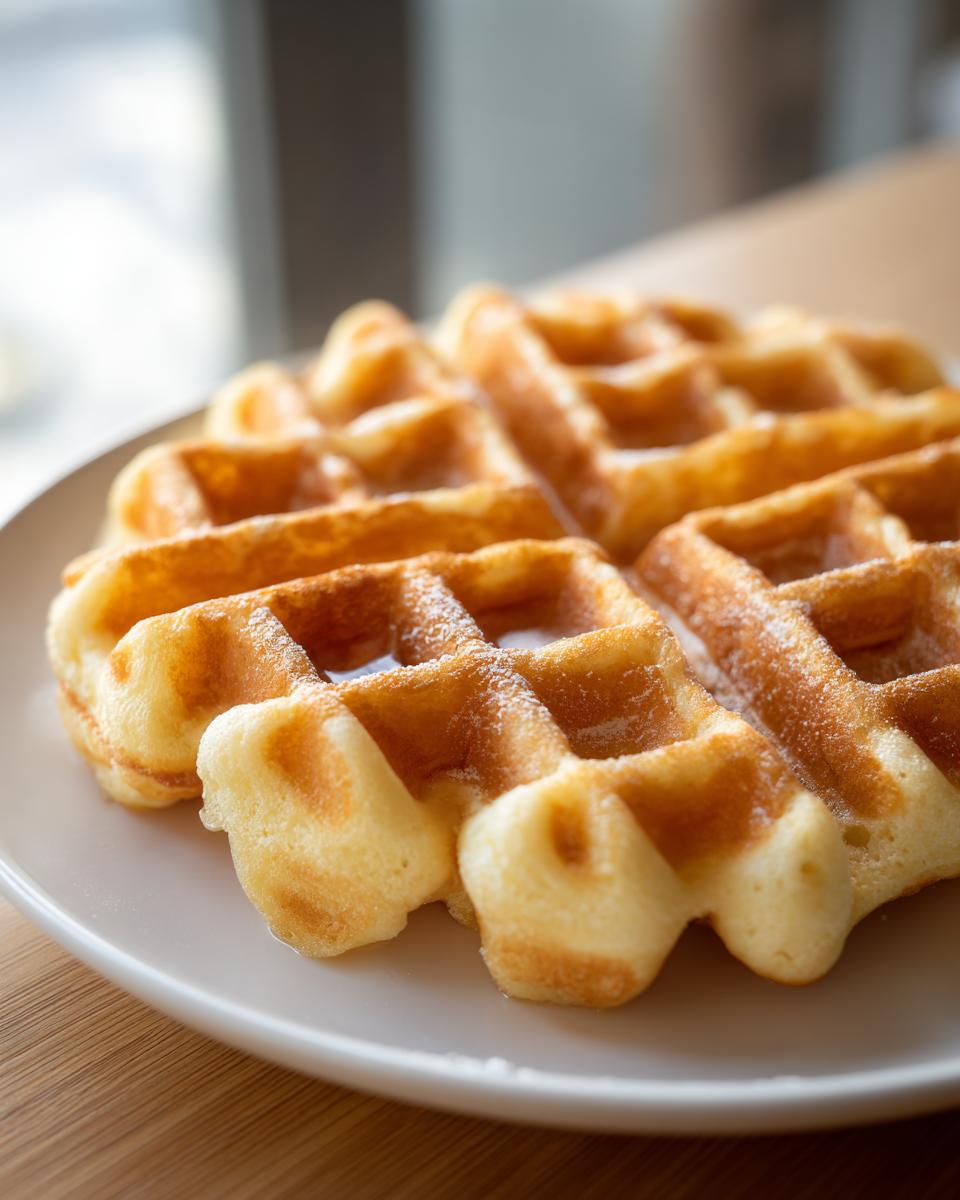 Close-up of two golden-brown waffles dusted with powdered sugar on a white plate.