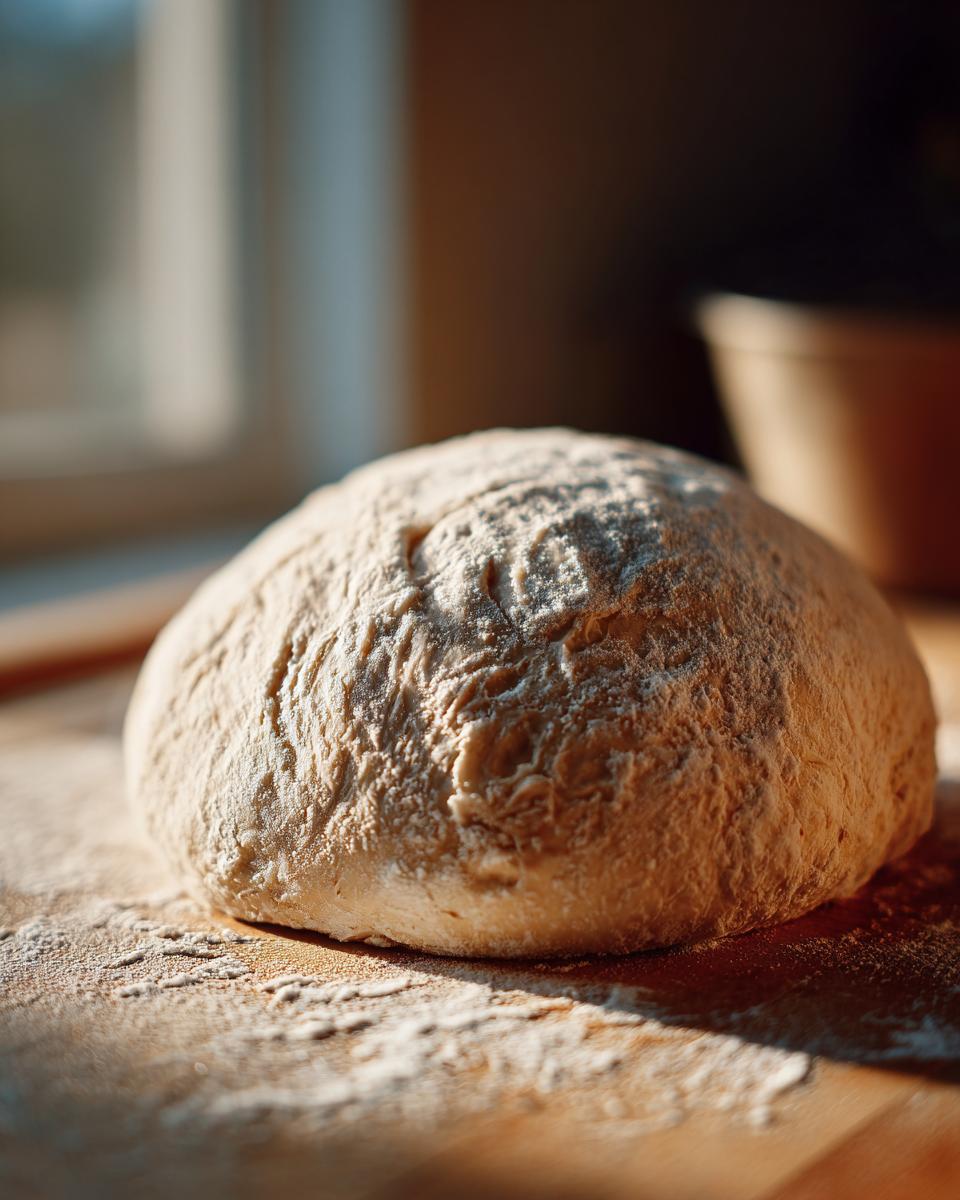 A round ball of freshly made pizza dough dusted with flour, resting on a wooden surface.
