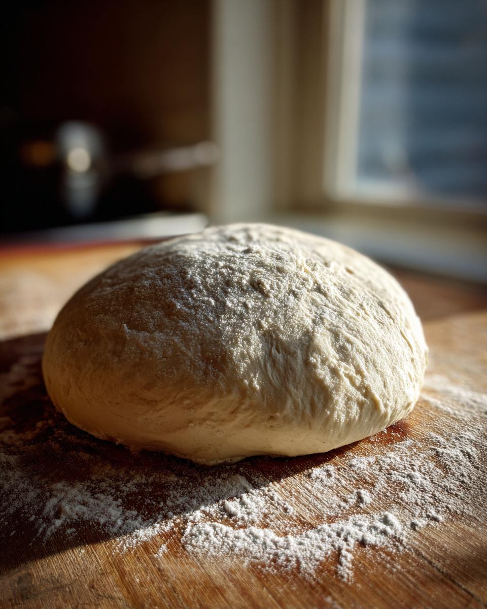 A perfectly formed ball of pizza dough dusted with flour, resting on a wooden surface.