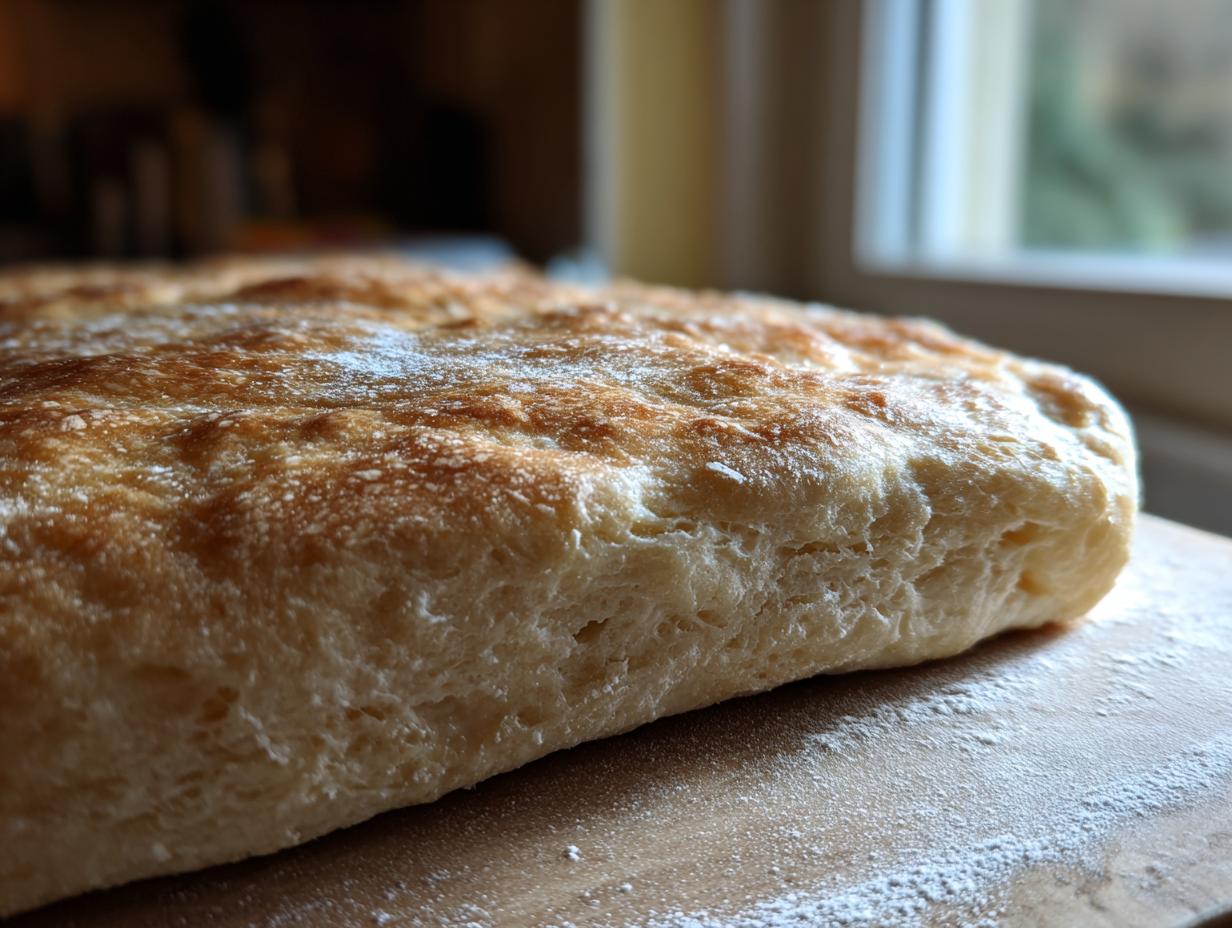 Close-up of a golden-brown, airy pizza dough with a dusting of flour on a wooden surface.