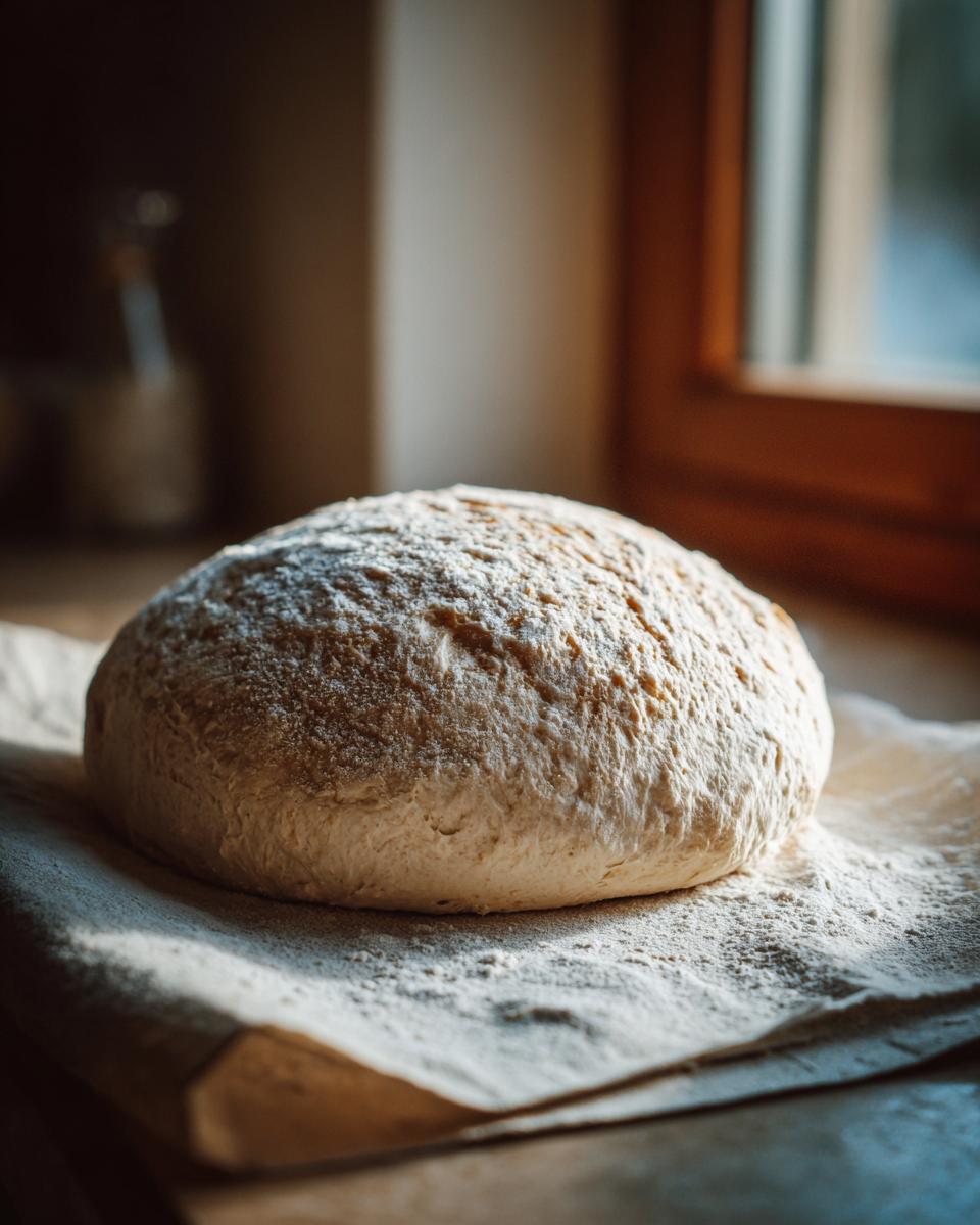 A round ball of freshly made pizza dough, dusted with flour, resting on parchment paper.