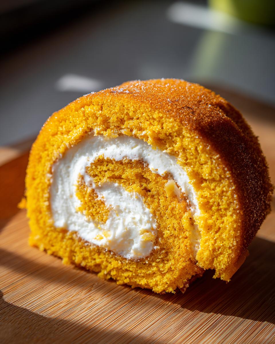 A delicious slice of pumpkin roll cake with a swirl of white cream filling, dusted with sugar.
