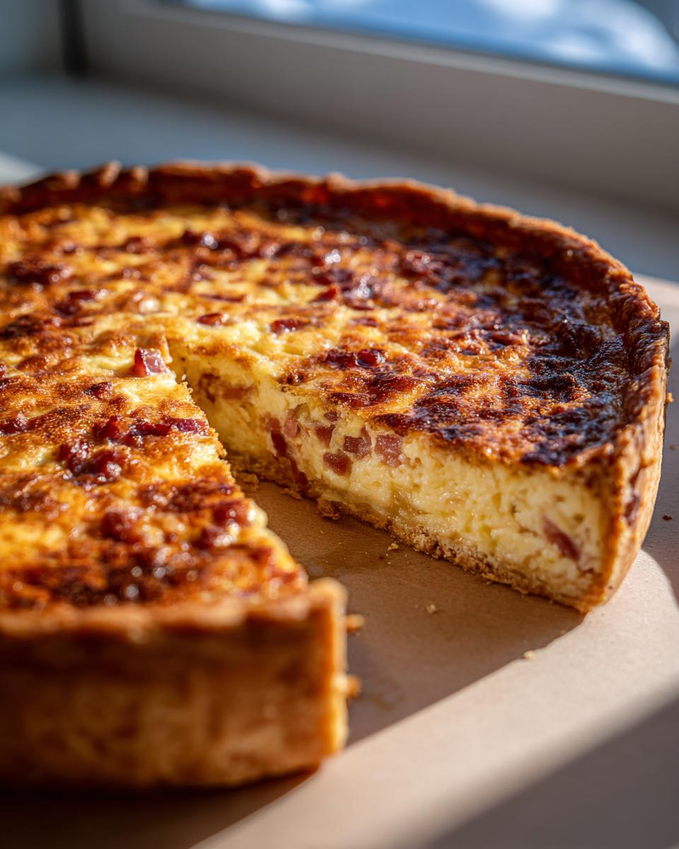 A slice of Quiche Lorraine showing its creamy custard filling and crispy bacon pieces, with a golden brown crust.