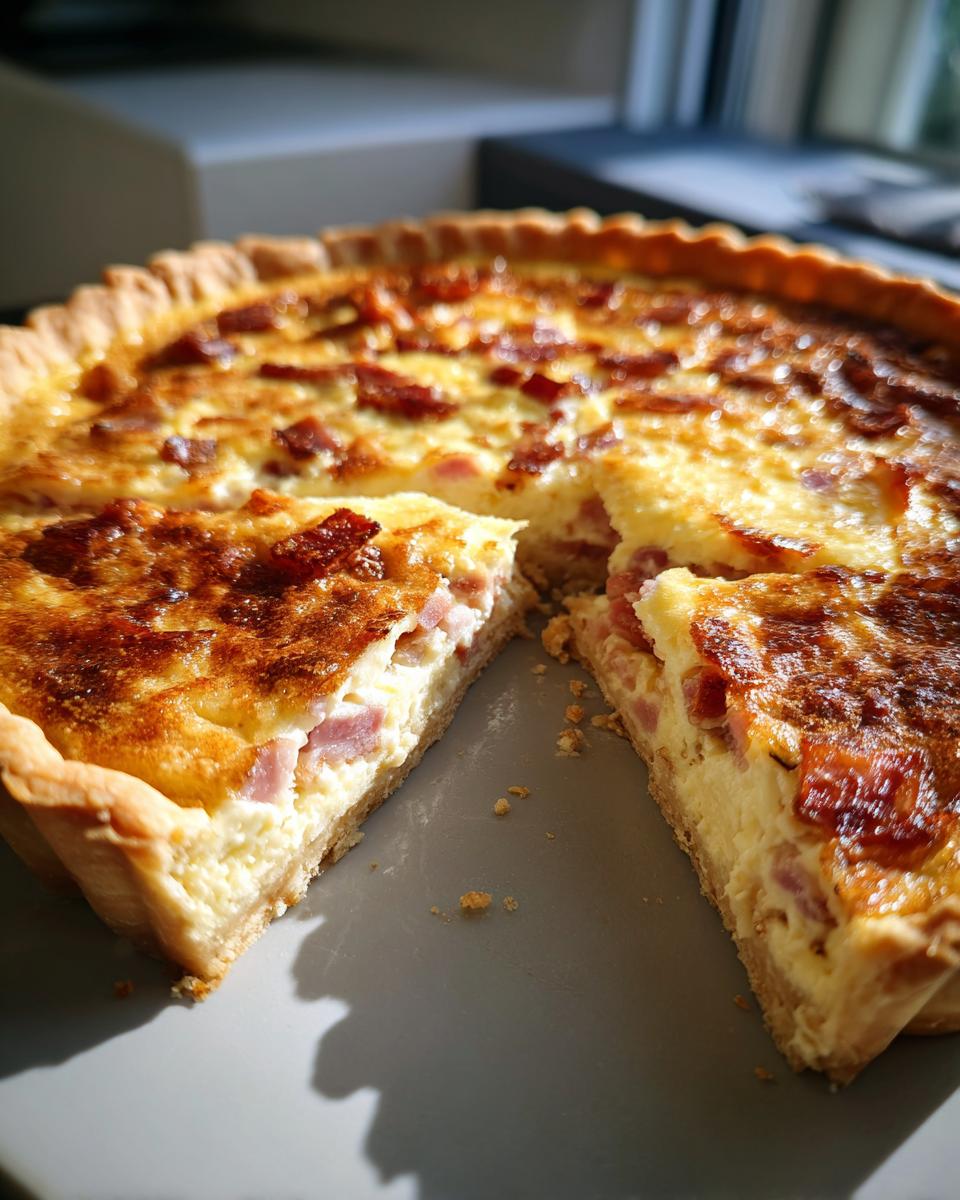 A close-up of a slice of Quiche Lorraine, showcasing its creamy custard filling and crispy bacon topping.