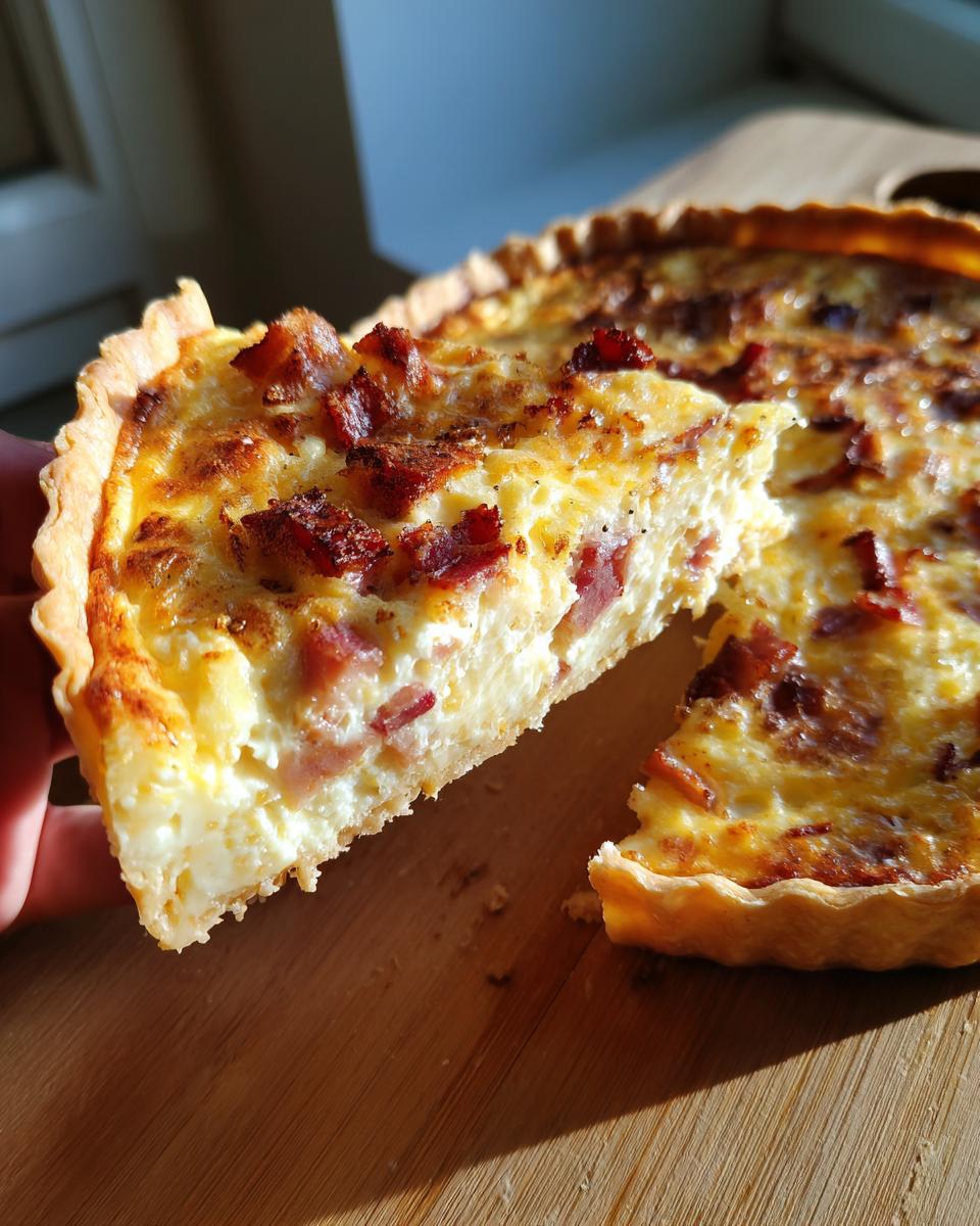 A slice of Quiche Lorraine being lifted, showing a creamy custard filling with visible bacon pieces and a golden crust.