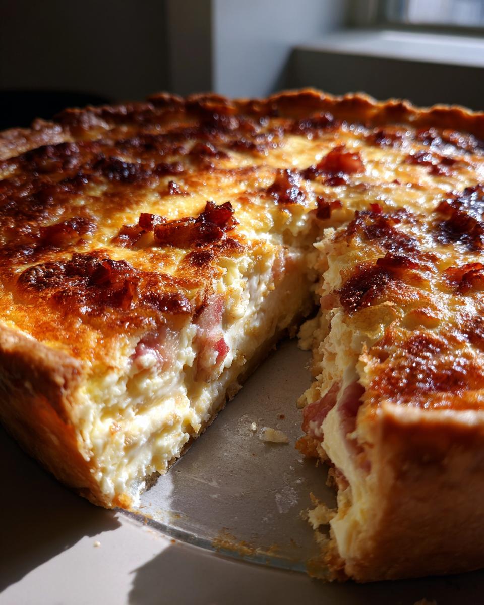 A close-up of a slice of Quiche Lorraine, showcasing its golden crust, creamy custard, and bacon filling.
