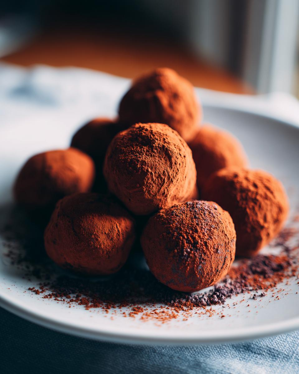 A pile of rich chocolate truffles generously dusted with cocoa powder, presented on a white plate.