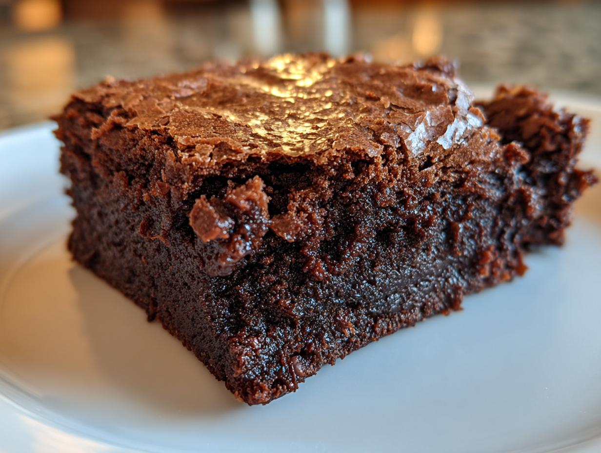 A close-up, irresistible shot of a moist, dark chocolate fudge brownies square with a shiny, crackly top.