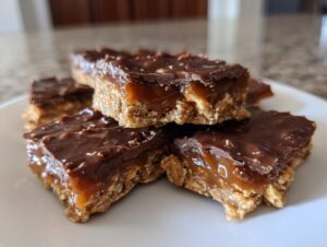 A stack of homemade Saltine toffee bars showing the crunchy base, gooey caramel layer, and chocolate topping.