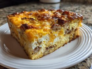 A thick, golden-brown slice of sausage and egg breakfast casserole served on a white plate.