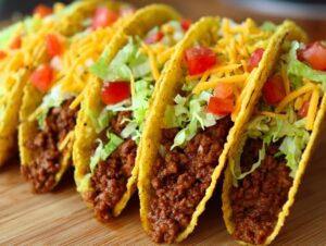 A row of crispy hard-shell beef tacos filled with seasoned ground meat, lettuce, tomatoes, and shredded cheese.