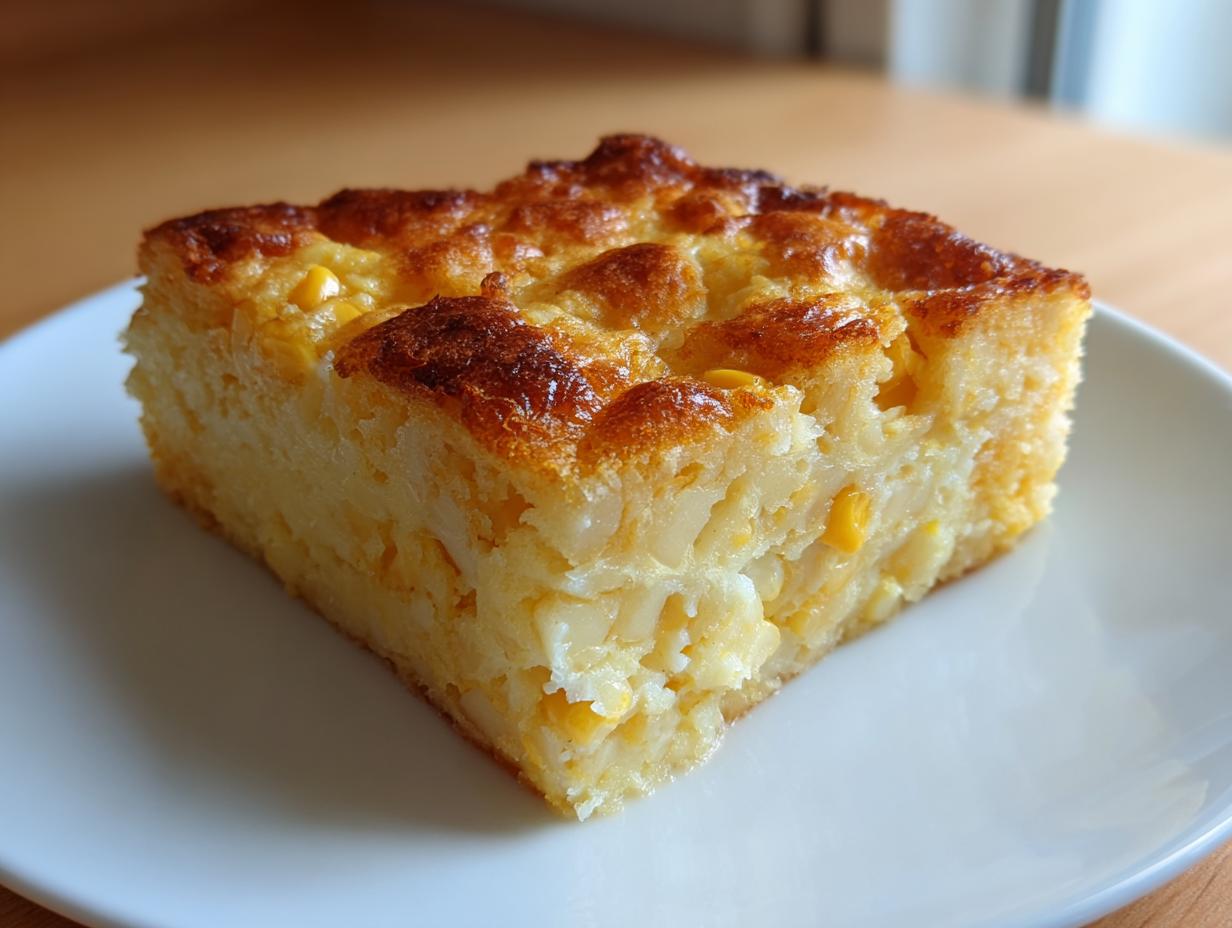A square slice of baked savory corn pudding with a golden-brown, slightly crispy top, served on a white plate.
