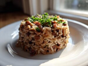 A perfectly molded serving of savory Hoppin' John, featuring black-eyed peas and rice, topped with fresh green parsley.