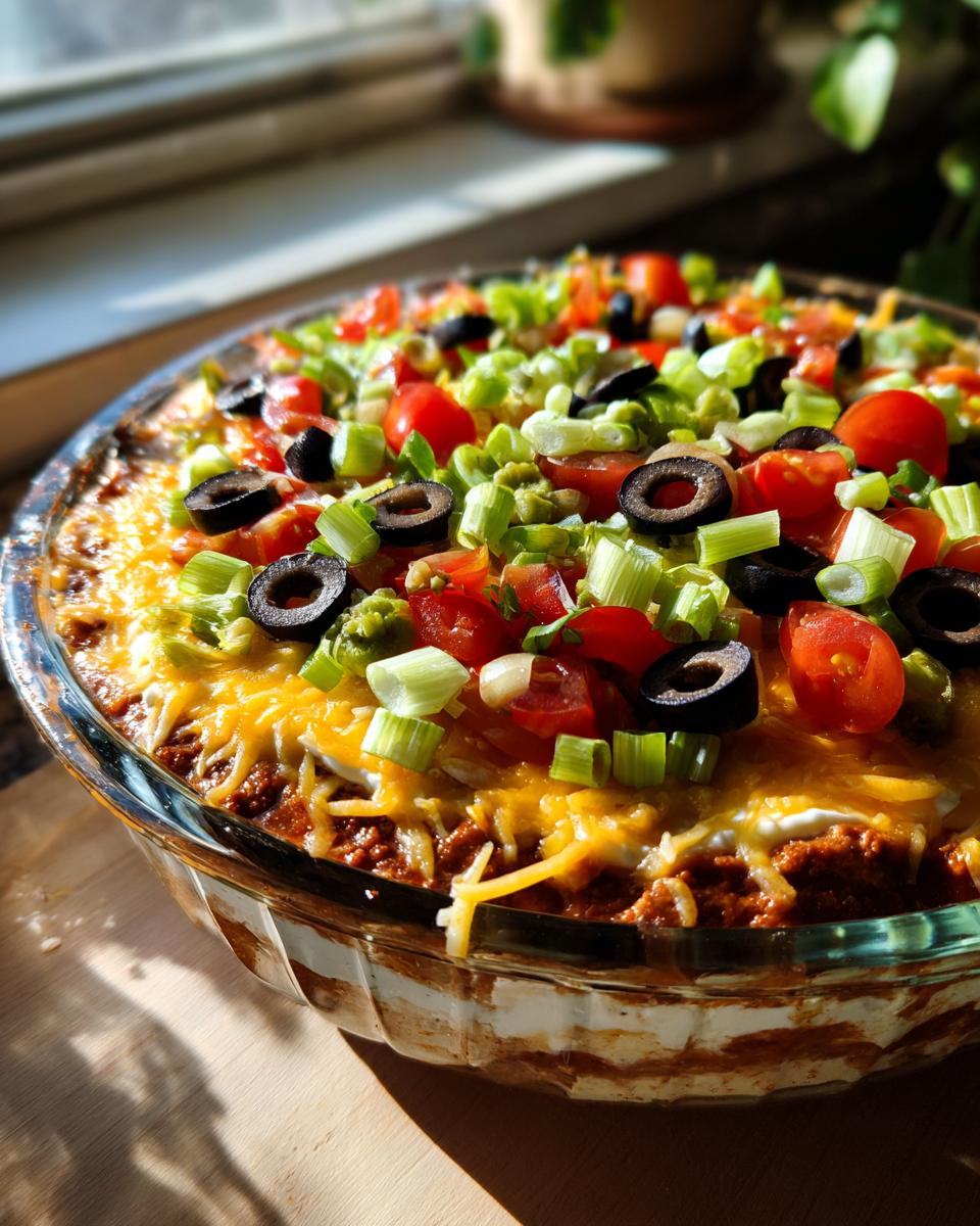 A close-up of a freshly made Seven Layer Dip in a glass dish, topped with shredded cheese, tomatoes, olives, and green onions.