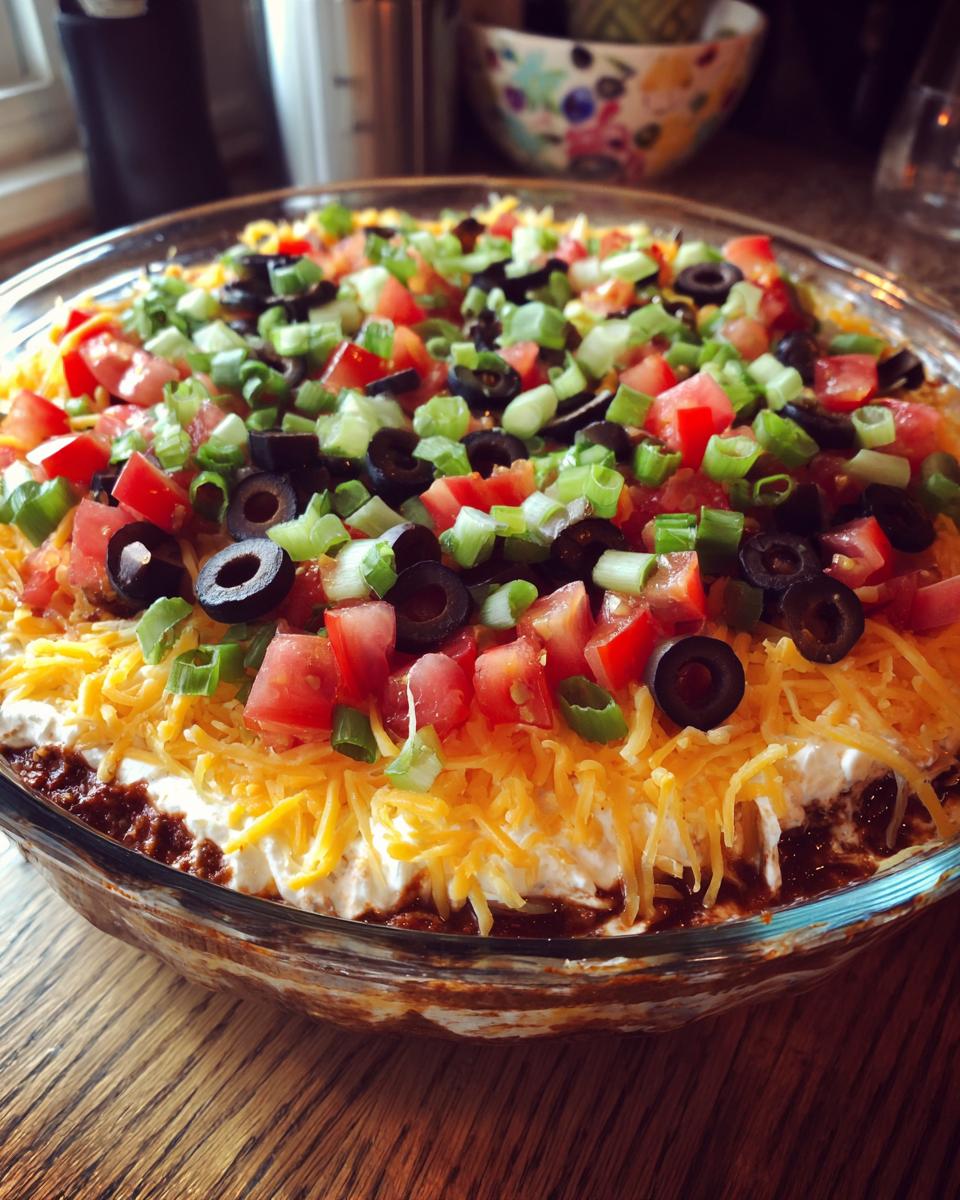 A vibrant Seven Layer Dip in a glass dish, topped with shredded cheese, olives, tomatoes, and green onions.
