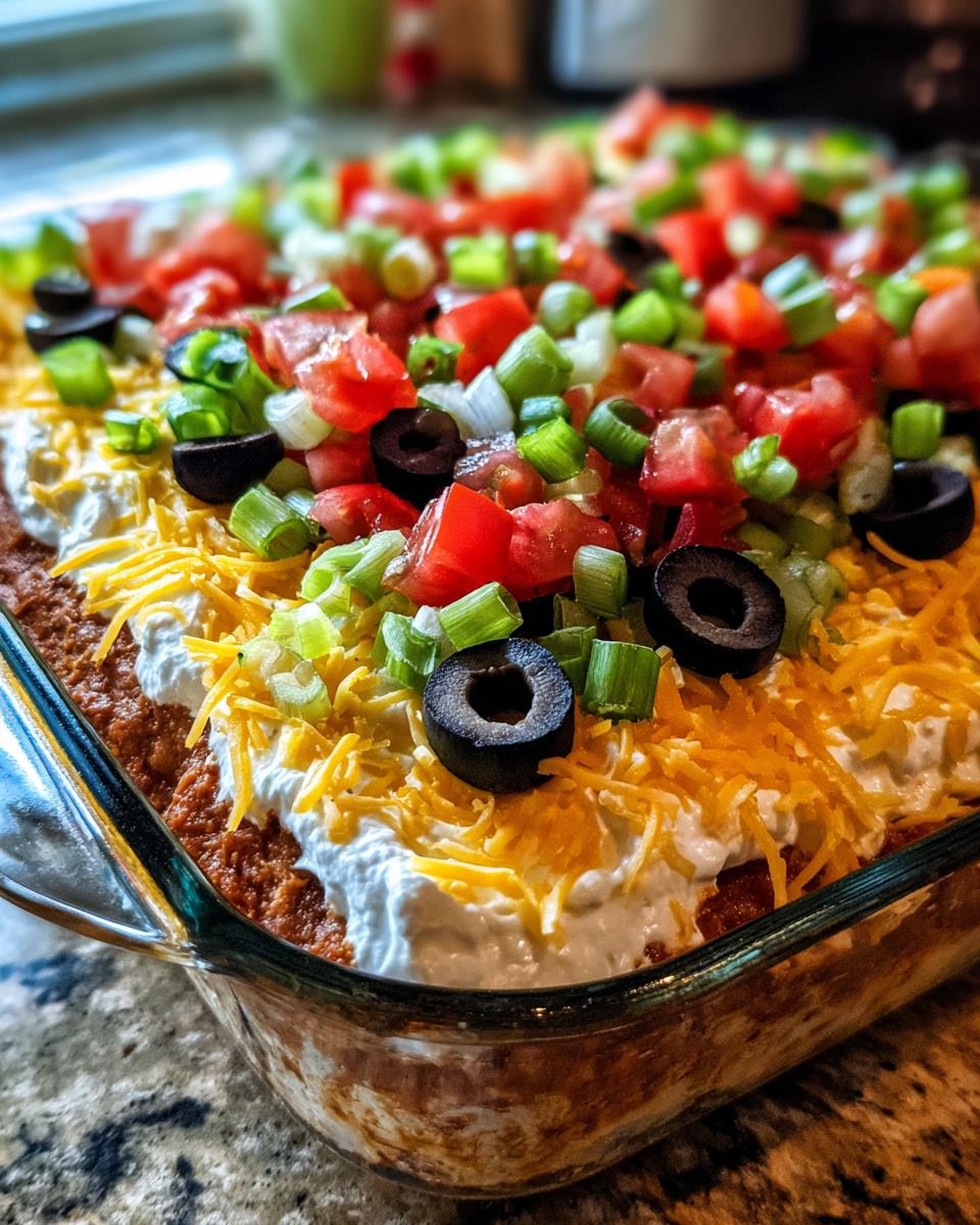 A close-up of a delicious Seven Layer Dip in a glass dish, topped with cheese, olives, tomatoes, and green onions.