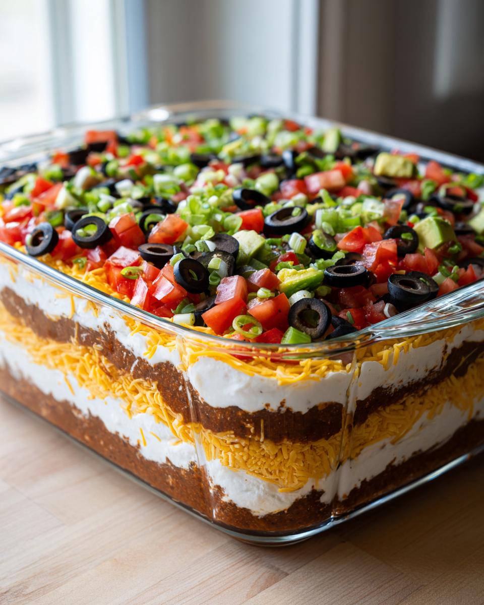 A clear glass dish filled with a vibrant Seven Layer Dip, topped with diced tomatoes, olives, avocado, and green onions.