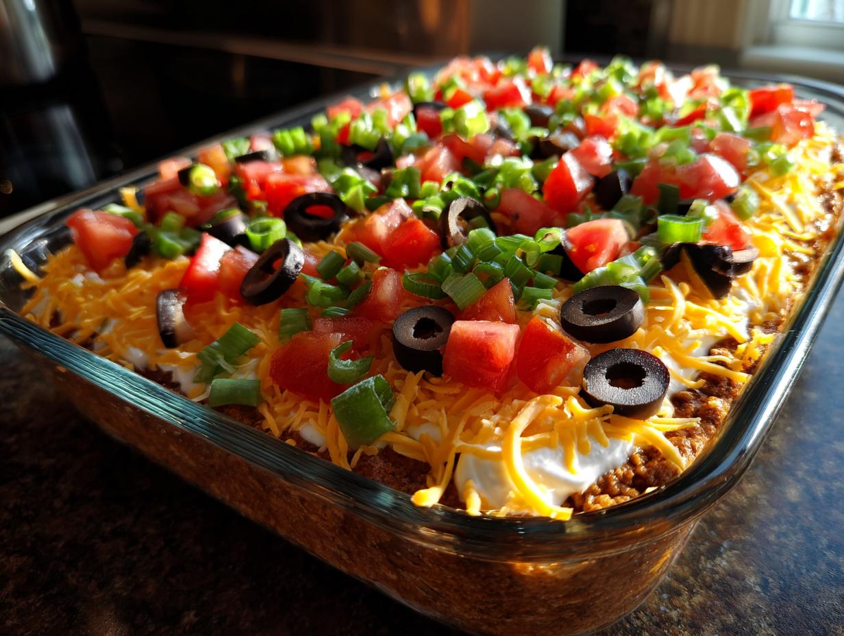 A close-up, angled view of a freshly made Seven Layer Dip in a clear glass dish, topped with tomatoes, olives, and green onions.