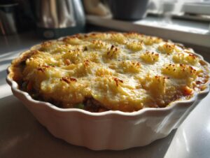 Close-up of a golden-brown baked Shepherd's Pie with piped mashed potato topping in a white ceramic dish.