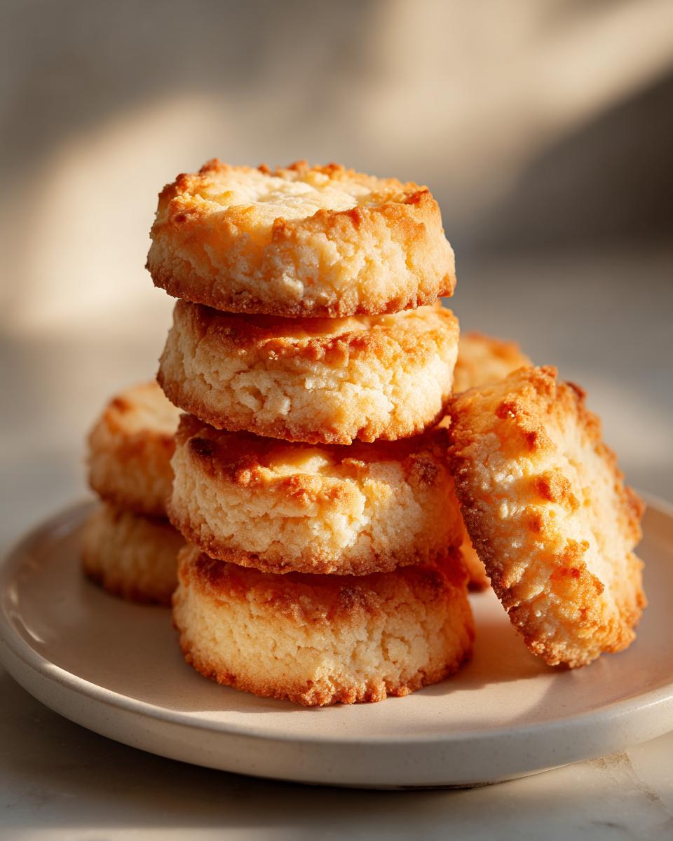A stack of golden brown shortbread cookies on a plate, with a hint of coconut texture.