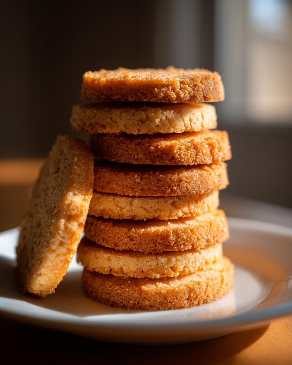 A tall stack of golden brown shortbread cookies, with one cookie leaning against the side.