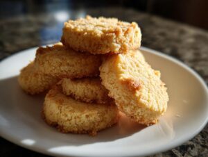 A close-up of a stack of golden-brown shortbread cookies on a white plate, showcasing their crumbly texture.