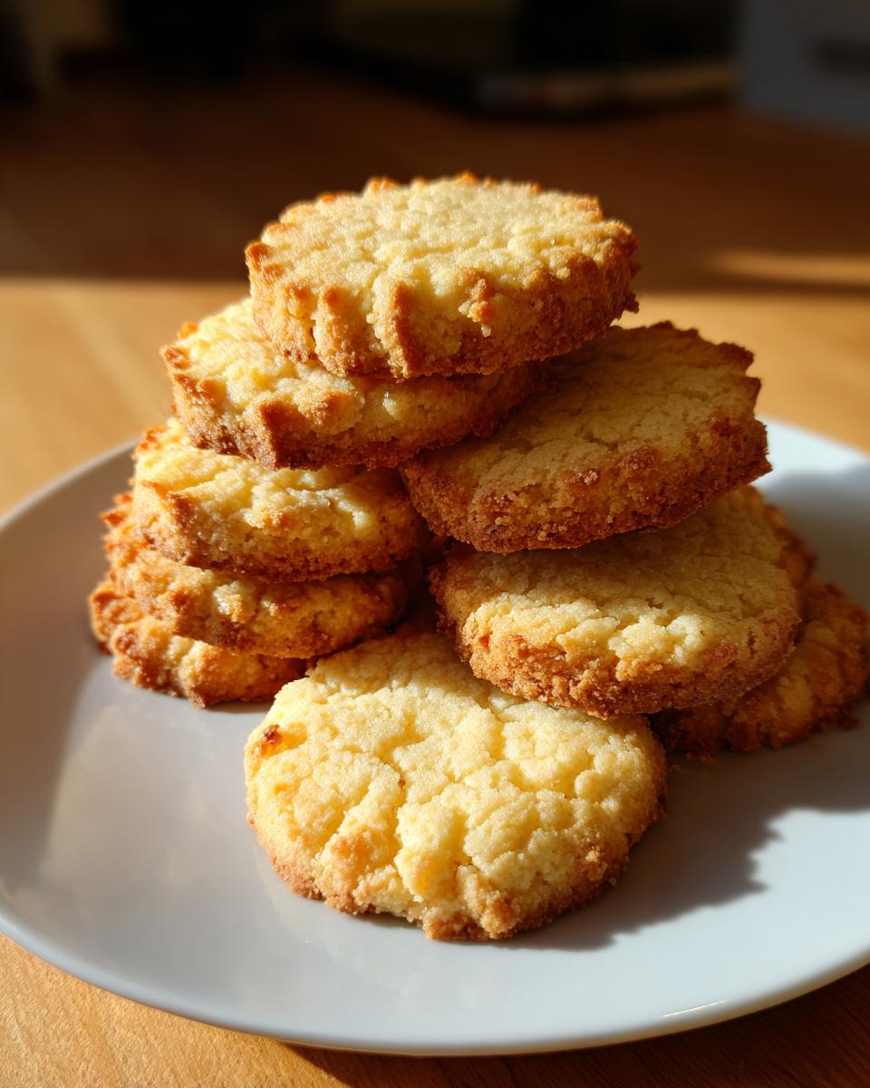 A stack of golden brown shortbread cookies on a light grey plate, bathed in warm sunlight.