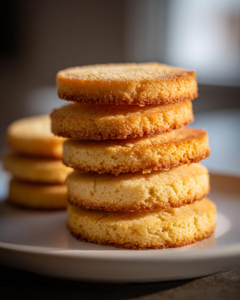 A stack of golden-brown, round shortbread cookies on a white plate.