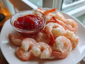 A white plate featuring chilled, cooked shrimp surrounding a small glass bowl of bright red cocktail sauce for shrimp cocktail.
