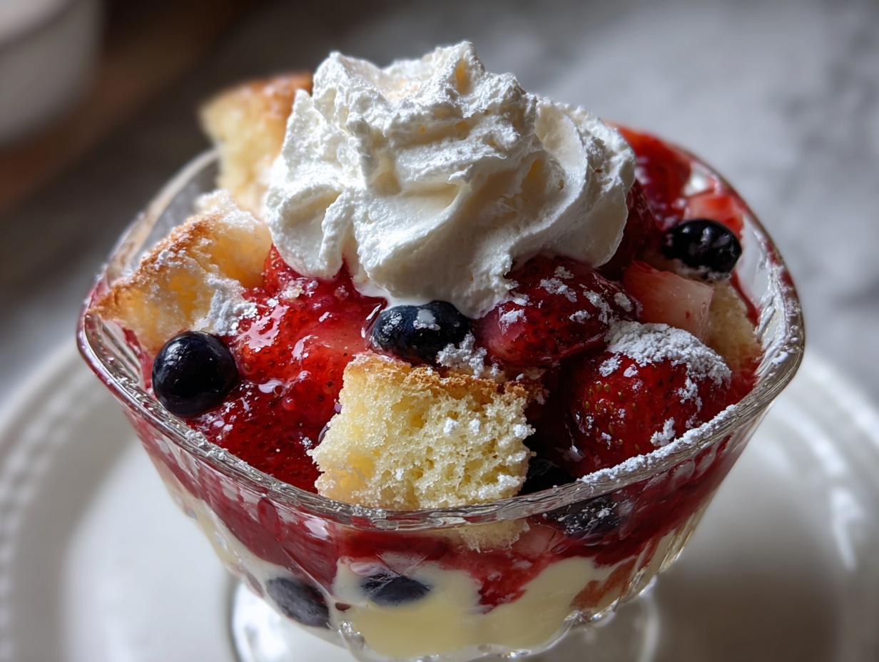 Close-up of a single serving berry trifle in a glass dish, featuring sponge cake, strawberries, blueberries, and whipped cream.