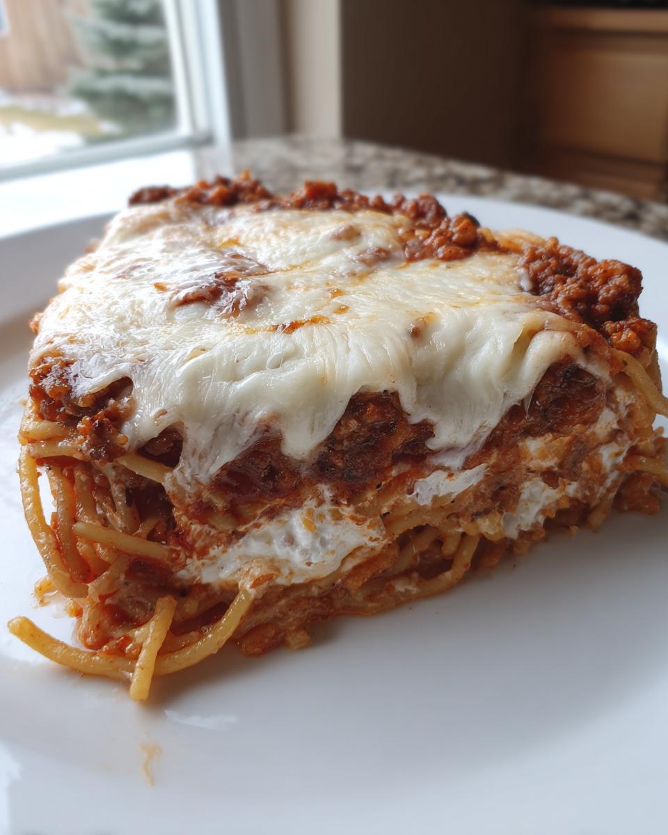 A close-up of a thick slice of baked spaghetti pie topped with melted mozzarella and rich meat sauce.