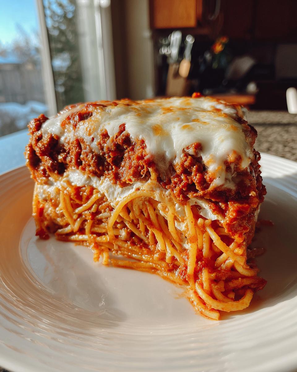 A tall slice of baked spaghetti pie with layers of pasta, meat sauce, and melted mozzarella cheese on top.