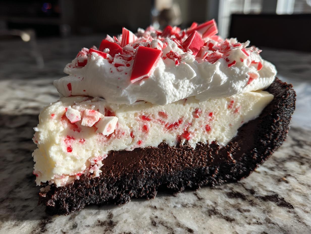 Close-up of a rich slice of peppermint cheesecake featuring a dark crust, creamy filling with candy cane pieces, and whipped cream topping.