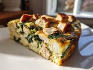 A thick slice of baked Turkey frittata featuring chunks of turkey, green spinach, and a golden-brown top.