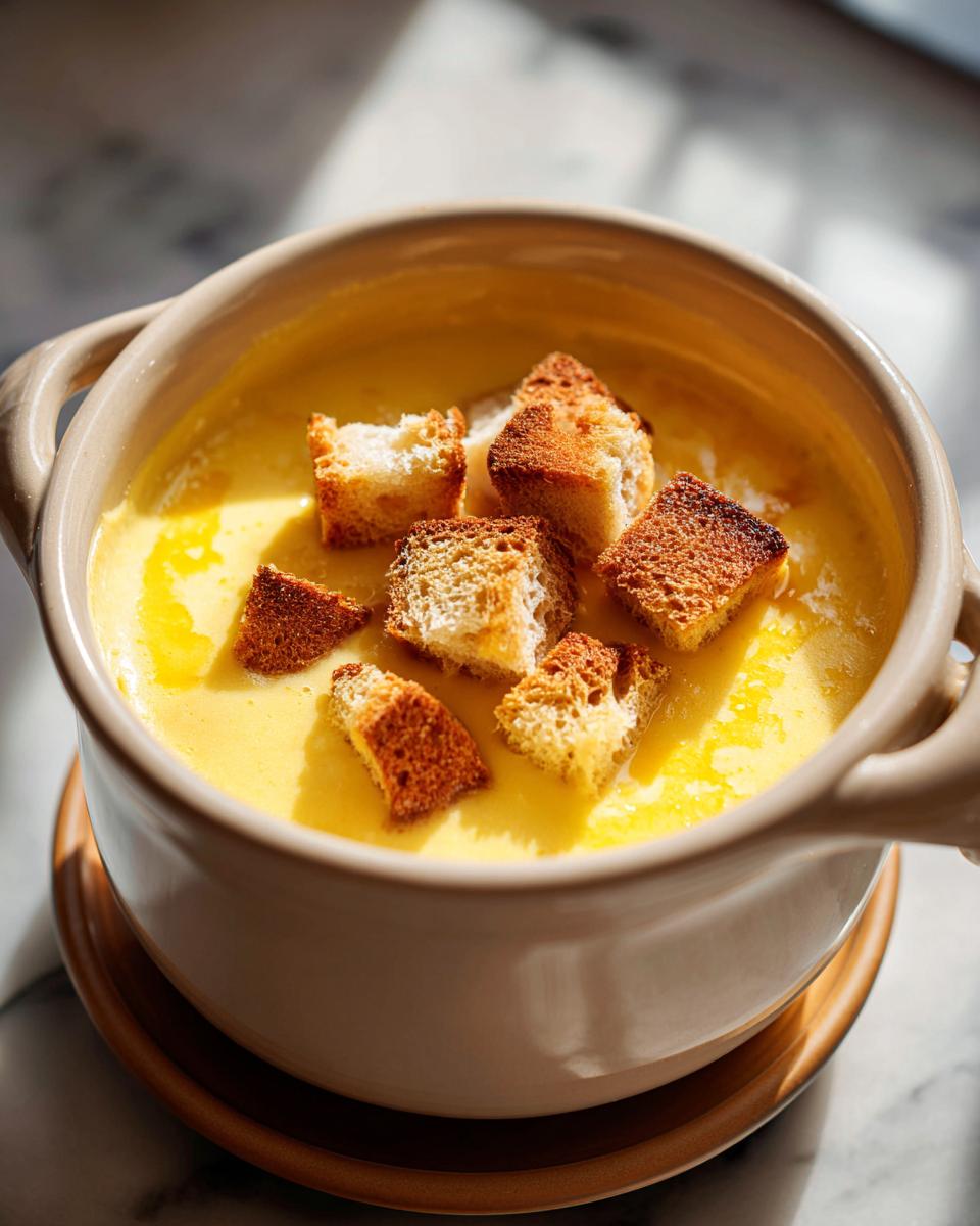 A close-up of smooth, yellow cheese fondue served in a beige bowl, topped with toasted bread cubes (croutons).